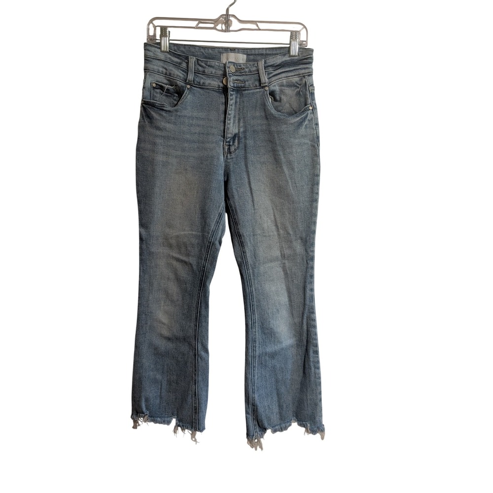 Petra 153 Flare Jeans Womens 9/29 Blue High Rise Raw Hem Distressed Cropped